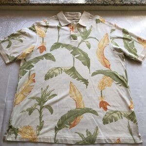 Tommy Bahama Supima Men's Size XL Tropical Leaf Polo Shirt Cream/Green/Yellow